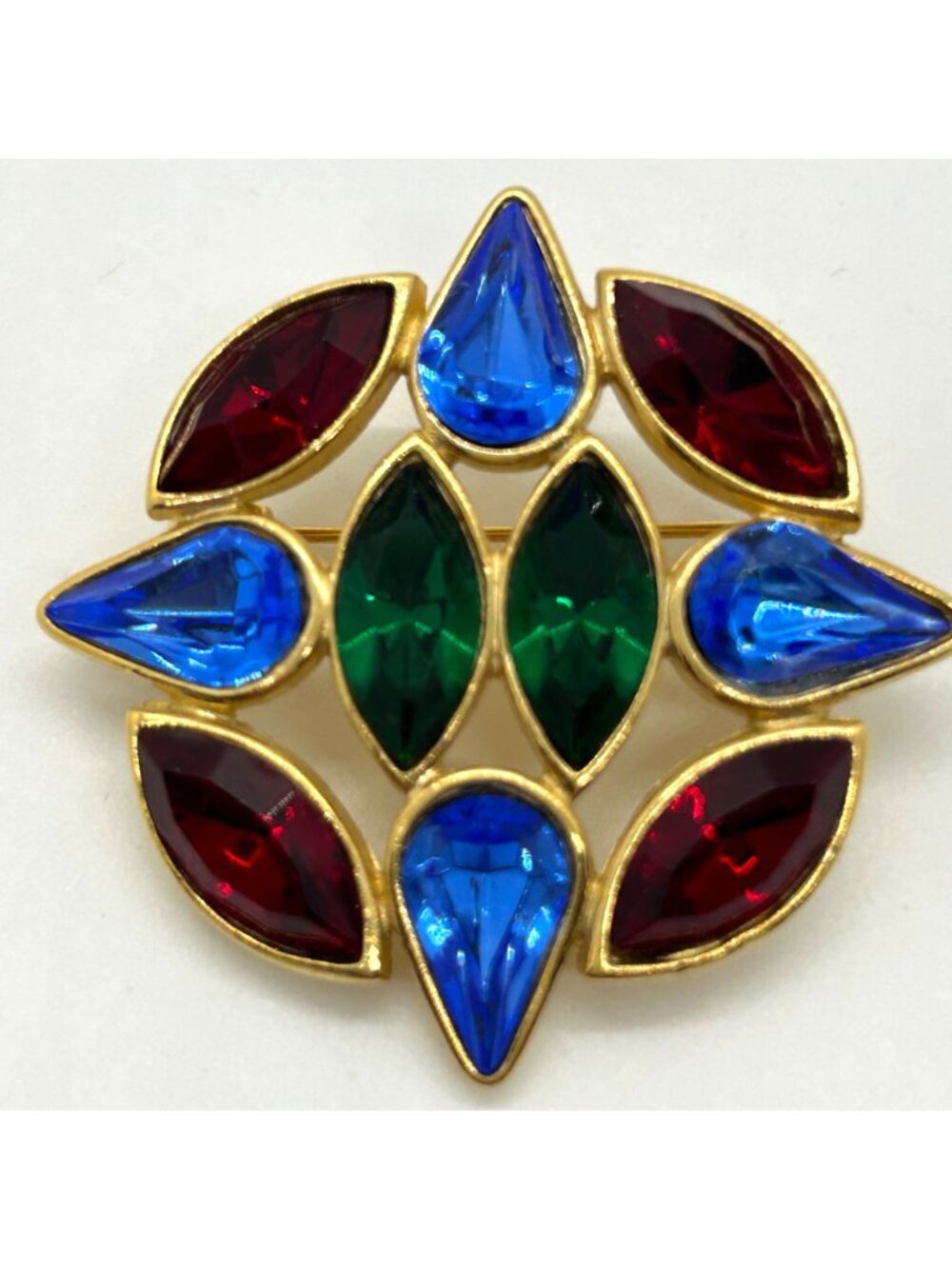 Vintage Gold Tone Multi-Color Brooch Pin Jewel Colored Rhinestone Statement 1990 - Picture 2 of 12